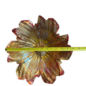 Flower Shaped‎ Art Glass Center Piece Bowl Dish Silver Gold Red 15" Unique